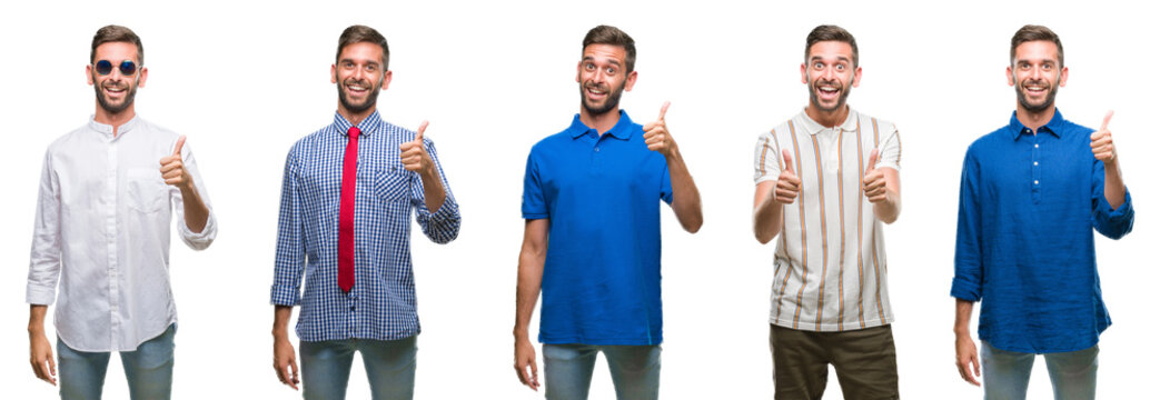 Collage of young business hispanic man over isolated background doing happy thumbs up gesture with hand. Approving expression looking at the camera with showing success.