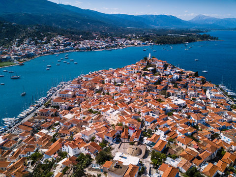 Top view of houses and sea Marina at Poros island, Aegean sea, Greece.