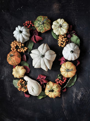 Autumn decoration with pumpkins and leaves on dark wooden background. Halloween and thanksgiving concept.