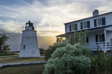 Piney Point Lighthouse at sunset built in 1836