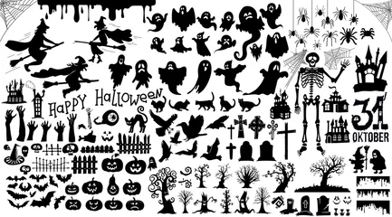 Schilderijen op glas Set of halloween silhouettes black icon and character. Vector illustration. Isolated on white background. © Anatoliy