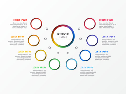 eight steps design layout infographic template with round 3d realistic elements. process diagram for brochure, banner, annual report