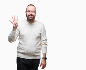 Young caucasian hipster man wearing winter sweater over isolated background showing and pointing up with fingers number four while smiling confident and happy.