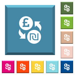 Pound Shekel money exchange white icons on edged square buttons