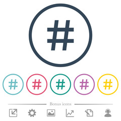 Hash tag flat color icons in round outlines