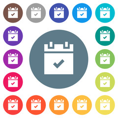 Schedule done flat white icons on round color backgrounds