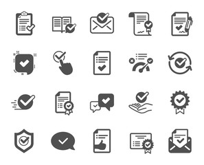 Approve icons. Set of Check List, Certificate and Award medal. Certified document, Accepted approve and Confirm mail icons. Guarantee certificate, Check mark and agreement signs. Vector