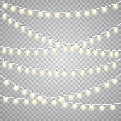 Christmas lights isolated on transparent background. Set of golden xmas glowing garland. Vector illustration