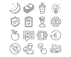 Set of Money transfer, Checklist and Dollar icons. Smartphone sms, Exchange currency and Takeaway signs. Student, Idea and Checkbox symbols. Cashback message, Survey, Usd money. Vector