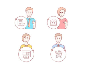 People hand drawn style. Set of Atm, Document and Best manager icons. Remove purchase sign. Money withdraw, File with diagram, Best developer. Delete from cart. Character hold button. People vector