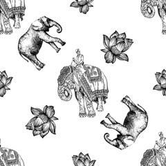 Seamless pattern of hand drawn sketch style elephant with an Indian man sitting on it isolated on white background. Vector illustration.