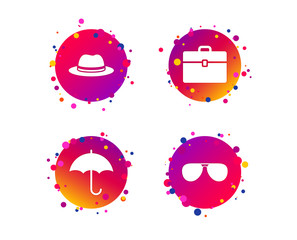 Clothing accessories icons. Umbrella and sunglasses signs. Headdress hat with business case symbols. Gradient circle buttons with icons. Random dots design. Vector