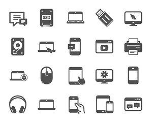 Mobile Devices icons. Set of Laptop, Tablet PC and Smartphone signs. HDD, SSD and Flash drives. Headphones, Printer devices and Mouse icons. Chat speech bubbles. Quality design element. Classic style