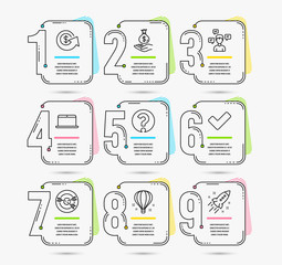 Infographic template with 9 options timeline. Set of Air balloon, Question mark and Targeting icons. Laptop, Conversation messages and Income money signs. Timeline Vector