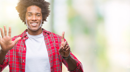 Afro american man over isolated background showing and pointing up with fingers number six while smiling confident and happy.
