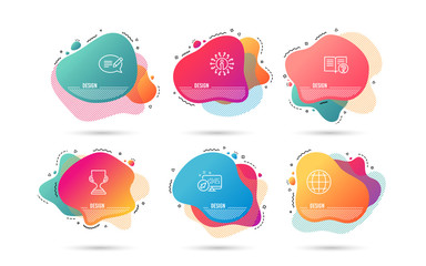 Dynamic liquid shapes. Set of Help, Award cup and Message icons. Globe sign. Documentation, Trophy, Speech bubble. Internet world.  Gradient banners. Fluid abstract shapes. Vector