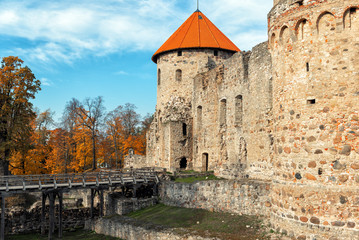 Fototapeta na wymiar Old castle ruins with autumn trees on a background