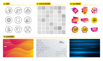 Seamless pattern. Shopping mall banners. Set of Face detect, Mint leaves and Head icons. Sun protection, Vitamin e and Face cream signs. Mint tea, Rubber gloves symbols. Vector