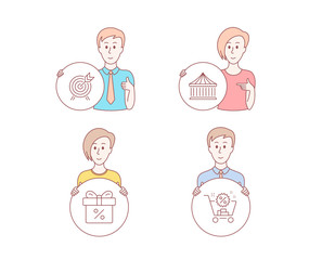 People hand drawn style. Set of Archery, Carousels and Discount offer icons. Shopping cart sign. Attraction park, Gift box, Discount.  Character hold circle button. Man with like hand. Vector