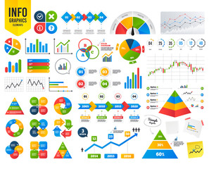 Infographics template charts. Information icons. Delete and question FAQ mark signs. Approved check mark symbol. Financial charts. Time counter. Vector