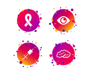 Medicine icons. Syringe, eye, brain and ribbon signs. Breast cancer awareness symbol. Human intelligent smart mind. Gradient circle buttons with icons. Random dots design. Vector