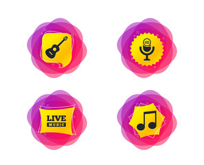Obraz premium Musical elements icons. Microphone and Live music symbols. Music note and acoustic guitar signs. Geometric gradient sales shapes. Creative banners. Template for design. Guitar Vector