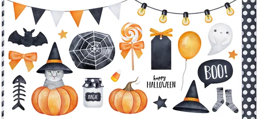 Rolgordijnen Happy Halloween big collection with kitty character, party garlands, various holiday symbols. Hand drawn watercolour painting on white, clip art graphic elements for creative design, printable decor. © Julija