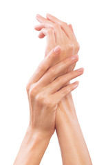 Beautiful woman hands close-up. Careful manicure. Isolated on white.