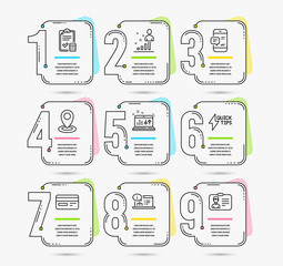 Infographic template with numbers 9 options. Set of Stats, Location and Quickstart guide icons. Smartphone notification, Accounting checklist and Credit card signs. Timeline Vector