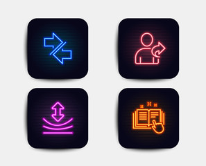 Neon glow lights. Set of Resilience, Synchronize and Refer friend icons. Technical documentation sign. Elastic, Communication arrows, Share. Manual.  Neon icons. Glowing light banners. Vector