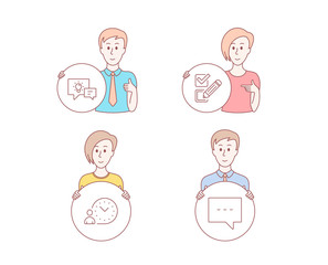 People hand drawn style. Set of Checkbox, Time management and Idea lamp icons. Blog sign. Survey choice, Work time, Business energy. Chat message.  Character hold circle button. Man with like hand