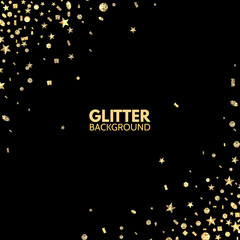 Glitter background. Bright Merry Christmas frame. Golden sparkle on black backdrop. Falling glitter confetti. Vector illustration