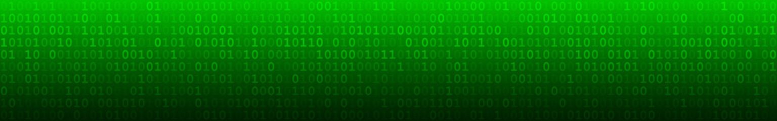 Abstract horizontal banner or background of zeros ad ones in green colors.