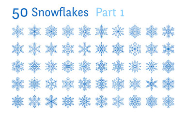 Blue snowflakes collection isolated on white background. Flat line snowing icons bundle, cute snow flakes silhouette. Nice element for christmas banner, cards. New year ornament.