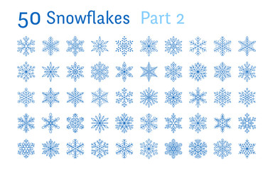 Blue snowflakes collection isolated on white background. Flat line snowing icons bundle, cute snow flakes silhouette. Nice element for christmas banner, cards. New year ornament.