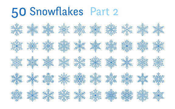 Blue snowflakes collection isolated on white background. Flat line snowing icons bundle, cute snow flakes silhouette. Nice element for christmas banner, cards. New year ornament.