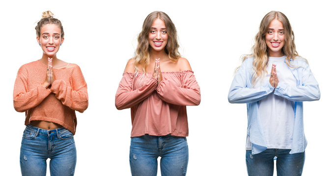 Young beautiful young woman wearing casual look over white isolated background praying with hands together asking for forgiveness smiling confident.