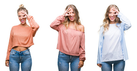 Fototapeta premium Young beautiful young woman wearing casual look over white isolated background doing ok gesture with hand smiling, eye looking through fingers with happy face.