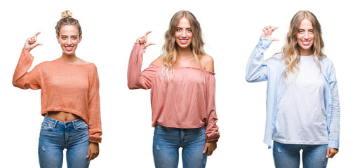 Obraz premium Young beautiful young woman wearing casual look over white isolated background smiling and confident gesturing with hand doing size sign with fingers while looking and the camera. Measure concept.