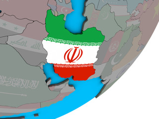 Iran with national flag on blue political 3D globe.