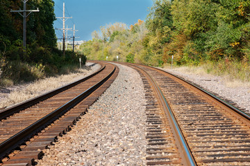 Fototapeta na wymiar View of double steel railroad tracks on a sunny day