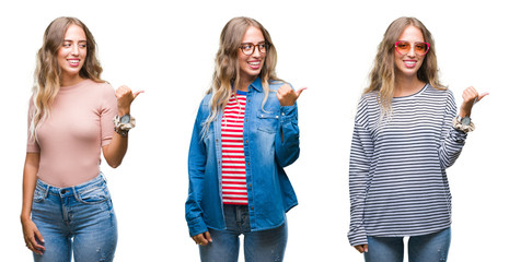 Fototapeta premium Young beautiful young woman wearing casual look over white isolated background smiling with happy face looking and pointing to the side with thumb up.