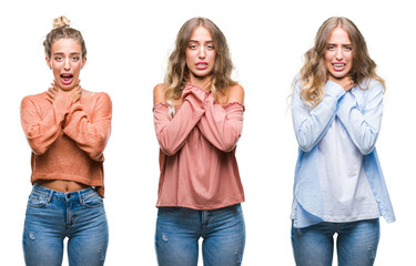 Obraz premium Young beautiful young woman wearing casual look over white isolated background shouting and suffocate because painful strangle. Health problem. Asphyxiate and suicide concept.