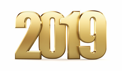 New 2019 year golden  figures isolated on white background. 3D rendered Illustration for advertising.