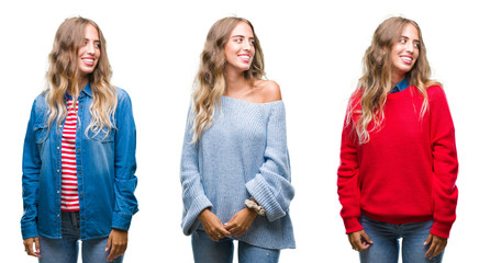 Obraz premium Young beautiful young woman over white isolated background looking away to side with smile on face, natural expression. Laughing confident.