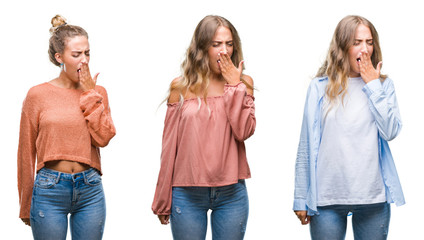 Fototapeta premium Young beautiful young woman wearing casual look over white isolated background bored yawning tired covering mouth with hand. Restless and sleepiness.