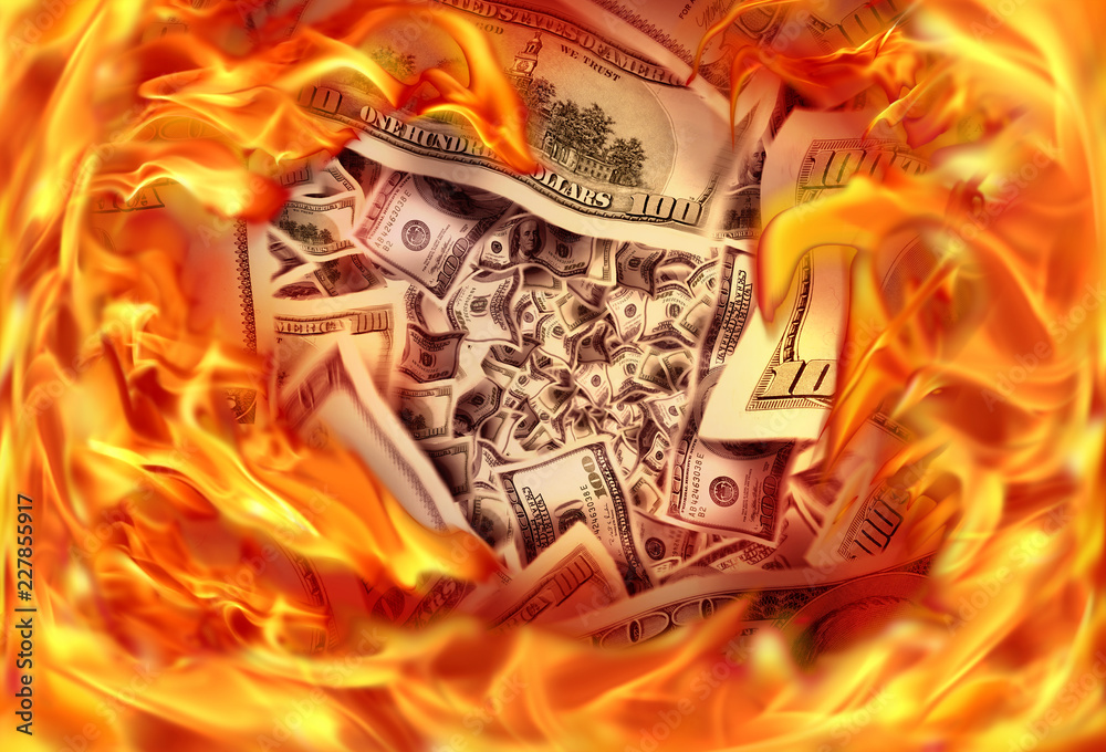 Wall mural conceptual finance image of burning pile dollar bill and fire flames