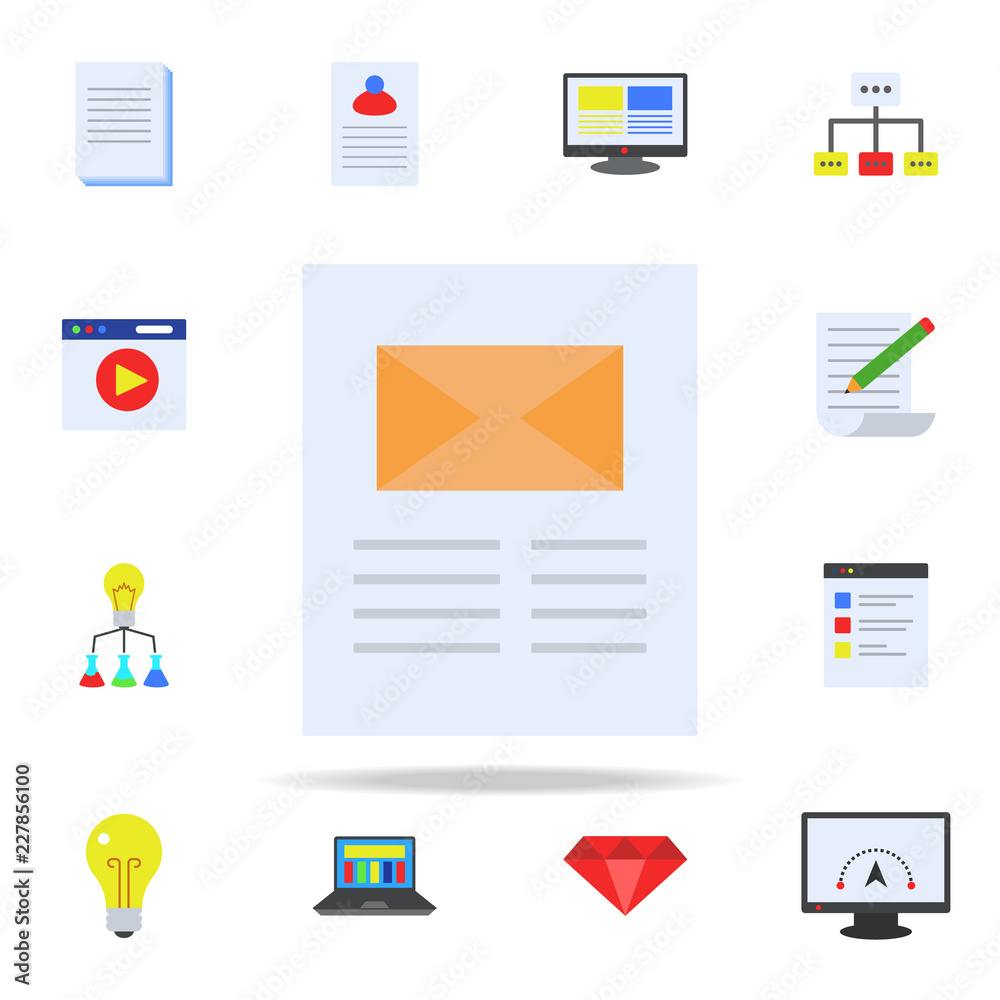 Aufkleber message on the sheet colored icon. programming icons universal set for web and mobile