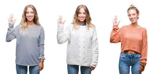 Young beautiful young woman wearing casual look over white isolated background showing and pointing up with fingers number five while smiling confident and happy.