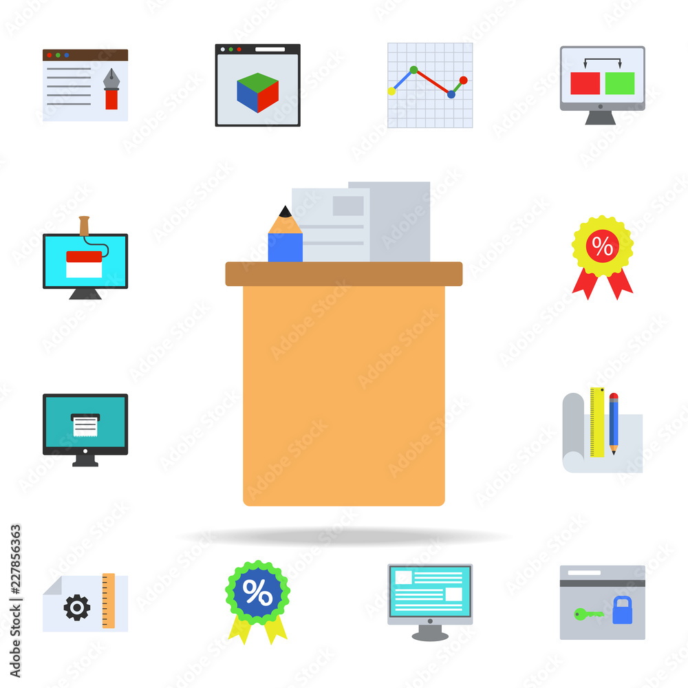 Poster desktop pencil case colored icon. programming icons universal set for web and mobile